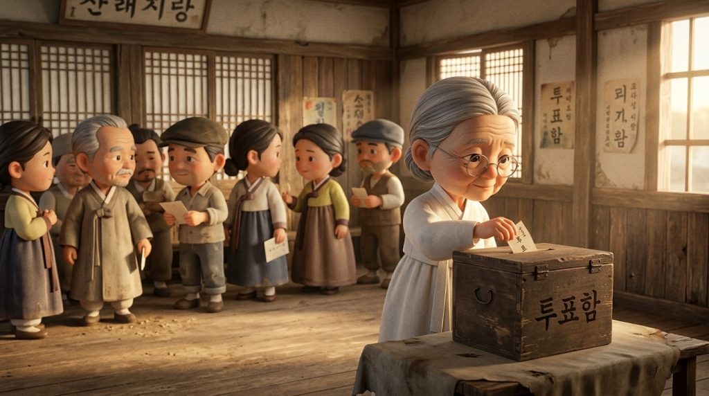 1950년대 투표소에서 소중한 한 표를 행사하는 한복 입은 할머니 (A grandmother in Hanbok casting her vote at a 1950s polling station) 