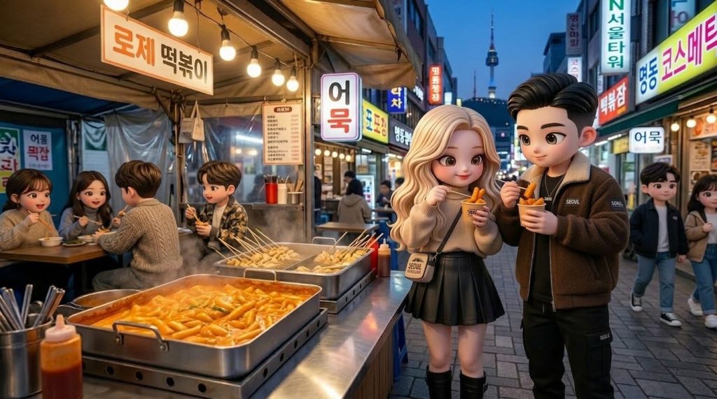 활기 넘치는 한국의 야시장 포장마차에서 김이 모락모락 나는 로제 떡볶이를 시식하는 외국인 커플 / A diverse Chibi couple tasting steaming Rose Tteokbokki at a lively Korean night market stall