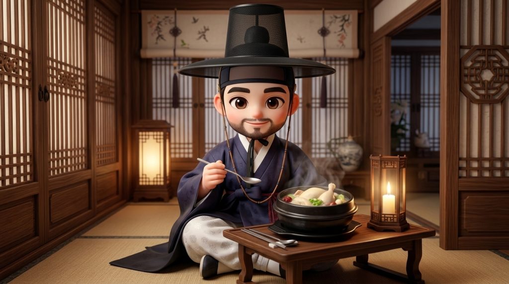 조선 시대 왕실 보양식으로서의 삼계탕의 유래. 한복을 입은 귀족이 삼계탕을 즐기는 모습. (The origin of Samgyetang as a royal health food in the Joseon Dynasty. A nobleman in Hanbok enjoying Samgyetang.) 