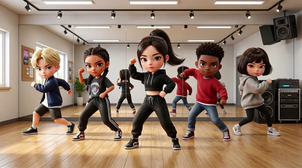 연습실에서 구슬땀을 흘리며 안무를 연습하는 3D 치비 스타일의 연습생들 (3D chibi style trainees practicing choreography with sweat and passion in a dance studio)