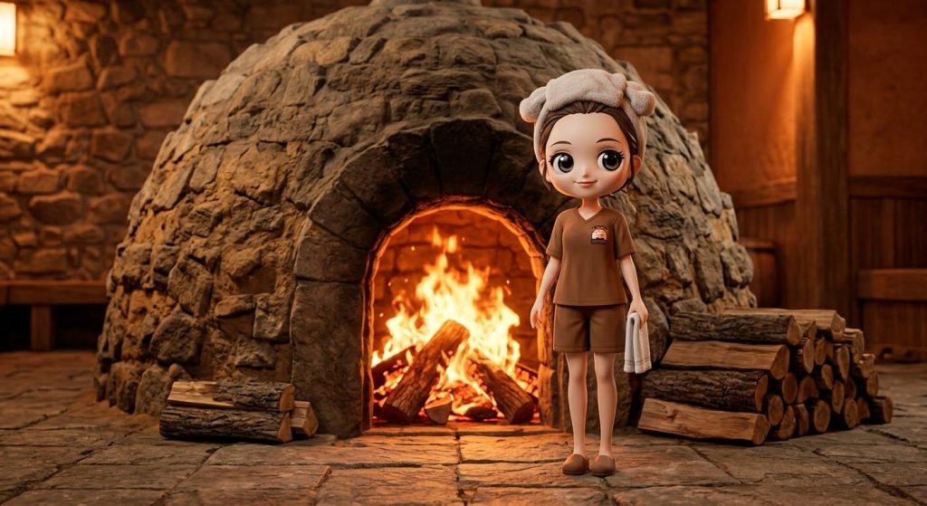 한국 찜질방의 뜨거운 전통 한증막 입구에서 휴식을 취하는 귀여운  캐릭터. (Cute 3D chibi  character resting in front of a traditional Korean stone sauna dome (Bulgama) entrance.)
