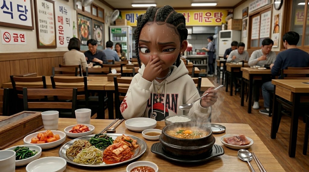 김이 모락모락 나는 청국장 찌개 앞에서 코를 살짝 막고 당황해하는 귀여운 캐릭터 