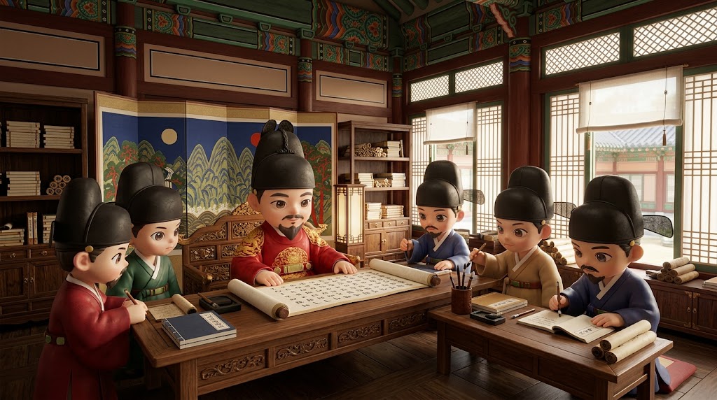 신하들과 비밀스럽게 한글을 연구하는 세종대왕