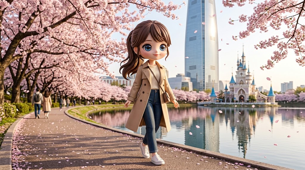 석촌호수 산책로와 롯데월드타워를 배경으로 걷는 캐릭터 (A character walking along Seokchon Lake path with Lotte World Tower in the background)
