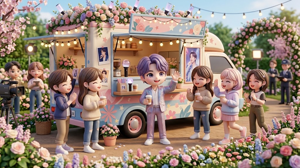 화려하게 장식된 커피차 앞에서 아티스트와 스태프들이 밝게 웃으며 팬들이 보낸 정성을 나누는 활기찬 촬영장 풍경. (A lively filming site scene where artists and staff smile brightly and enjoy fans' sincerity in front of a gorgeously decorated coffee truck.)
