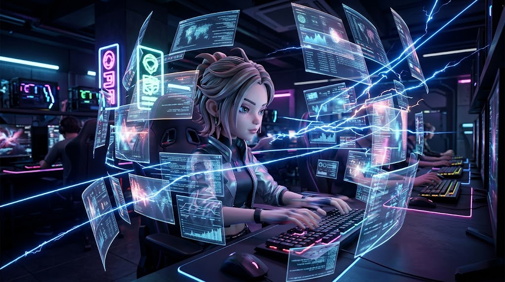 수많은 홀로그램 화면과 데이터 스트림 사이에서 노트북과 스마트폰을 초고속으로 조작하는 미래지향적 수집용 캐릭터 이미지. (A futuristic collectible character operating laptops and smartphones at high speed amidst a storm of holographic screens and data streams.)
