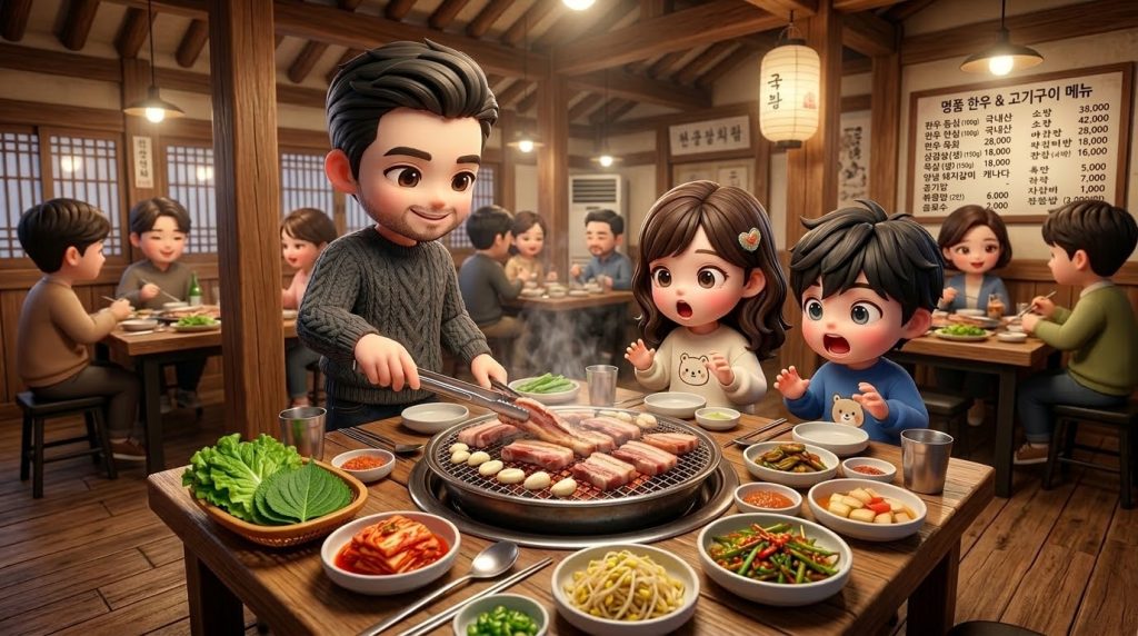 연기가 피어오르는 숯불 위에서 삽겹살을 정성스럽게 굽는 외국인 가족의 화기애애한 모습 / A diverse Chibi family having a great time grilling pork belly over a charcoal fire