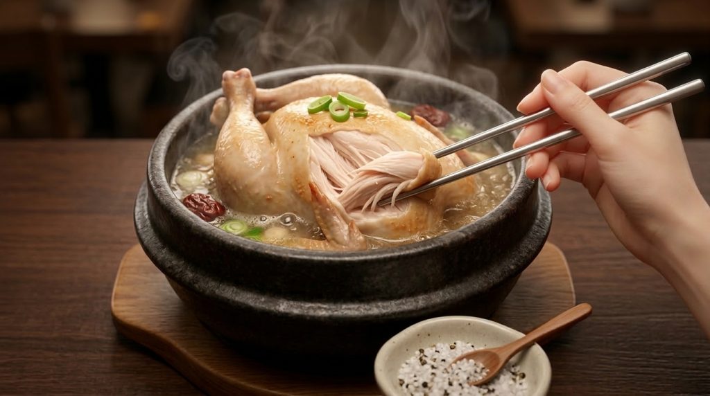 뚝배기에서 삼계탕 닭고기를 젓가락으로 해체하여 소금에 찍어 먹는 완벽한 미식 가이드. (A complete gourmet guide to dismantling Samgyetang chicken from a hot pot with chopsticks and dipping it in salt.)