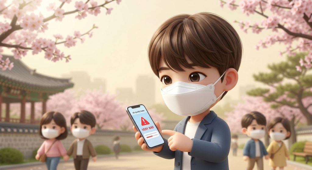 국 봄 날씨: 황사와 미세먼지에 대비하는 한국인들의 일상
Chibi character wearing a KF94 mask during Korean spring to protect from fine dust/yellow dust