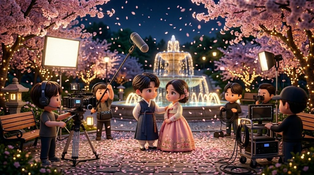 현대적인 한국 드라마 촬영장에서 로맨틱한 장면을 연기하는 3D 치비 배우들 (3D chibi actors performing a romantic scene on a modern Korean drama film set)