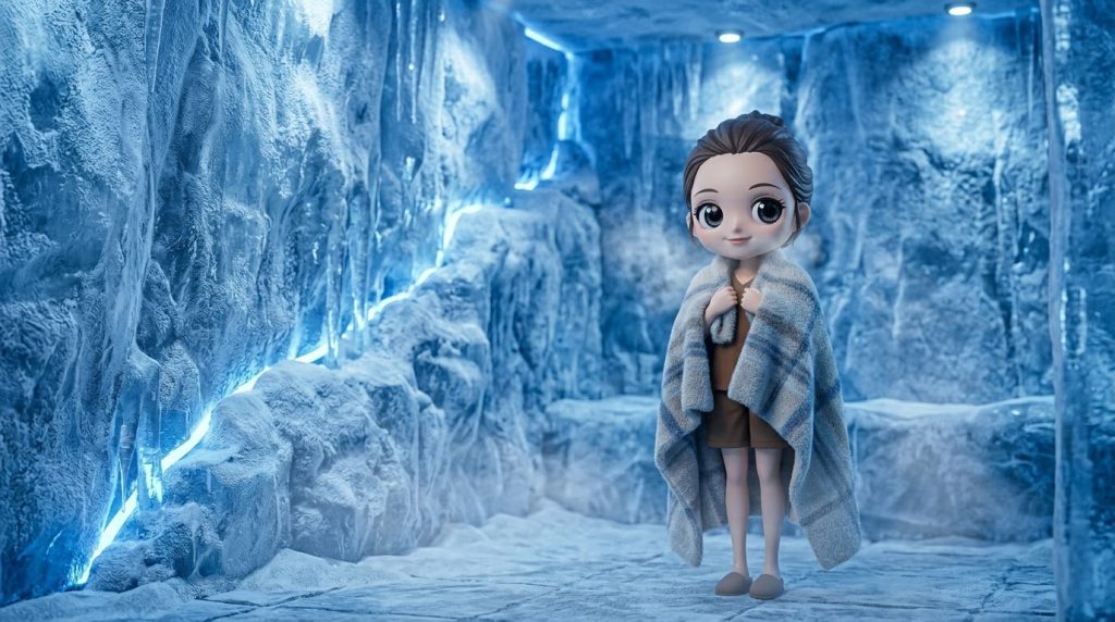 시원한 아이스방 안에서 펭귄 장식과 함께 추위를 즐기는 3D 캐릭터. (A character enjoying the cold inside a frosty Ice Room with decorative ice blocks and penguins.)
