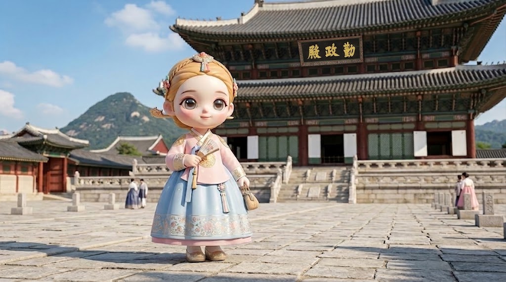 경복궁 근정전 앞에서 화려한 한복을 입고 미소 짓는  캐릭터