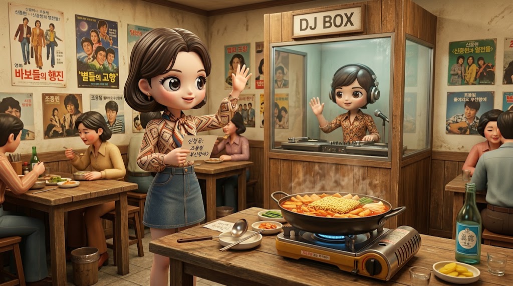 970년대 레트로 감성이 가득한 신당동 떡볶이집에서 DJ에게 신청곡을 보내는 캐릭터