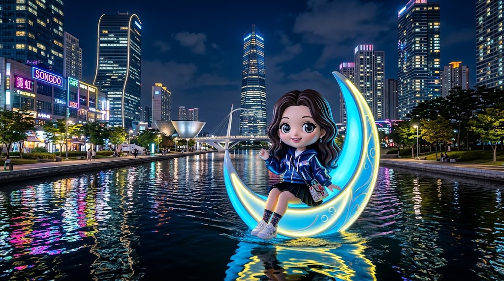 미래형 빌딩 숲 사이를 유영하는 빛나는 문보트와 세련된 여행자 / A glowing Moon Boat cruising between futuristic skyscrapers and a stylish traveler.
