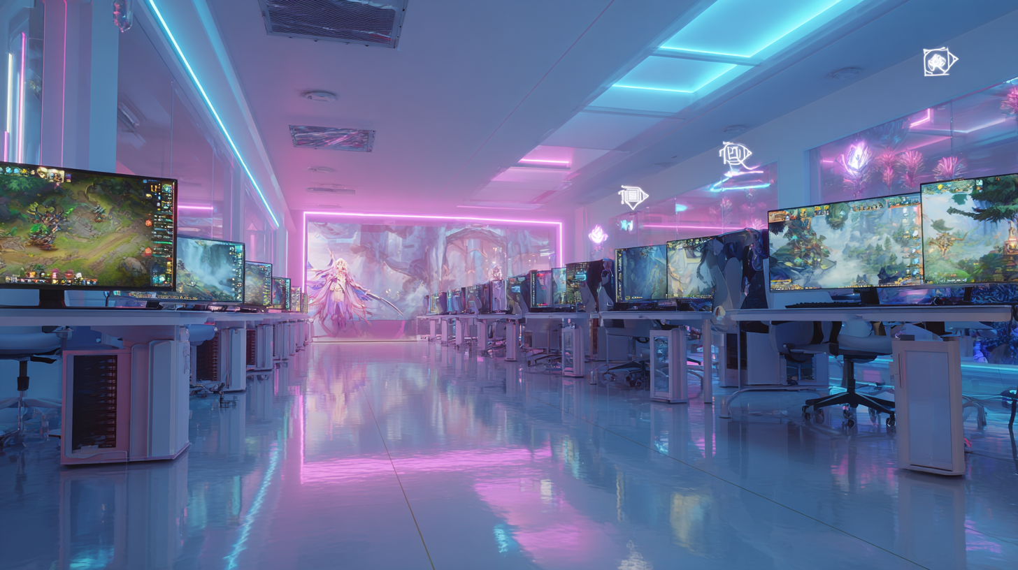  화려한 RGB 조명이 감도는 최첨단 게이밍 데스크와 고성능 모니터 전경 (Panoramic view of a state-of-the-art gaming desk with vibrant RGB lighting in a PC Bang)
