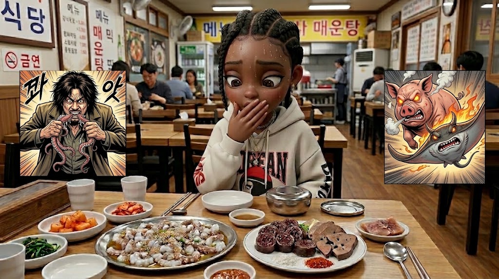 식당에서 산낙지와 순대를 보고 당황하는 외국인 캐릭터