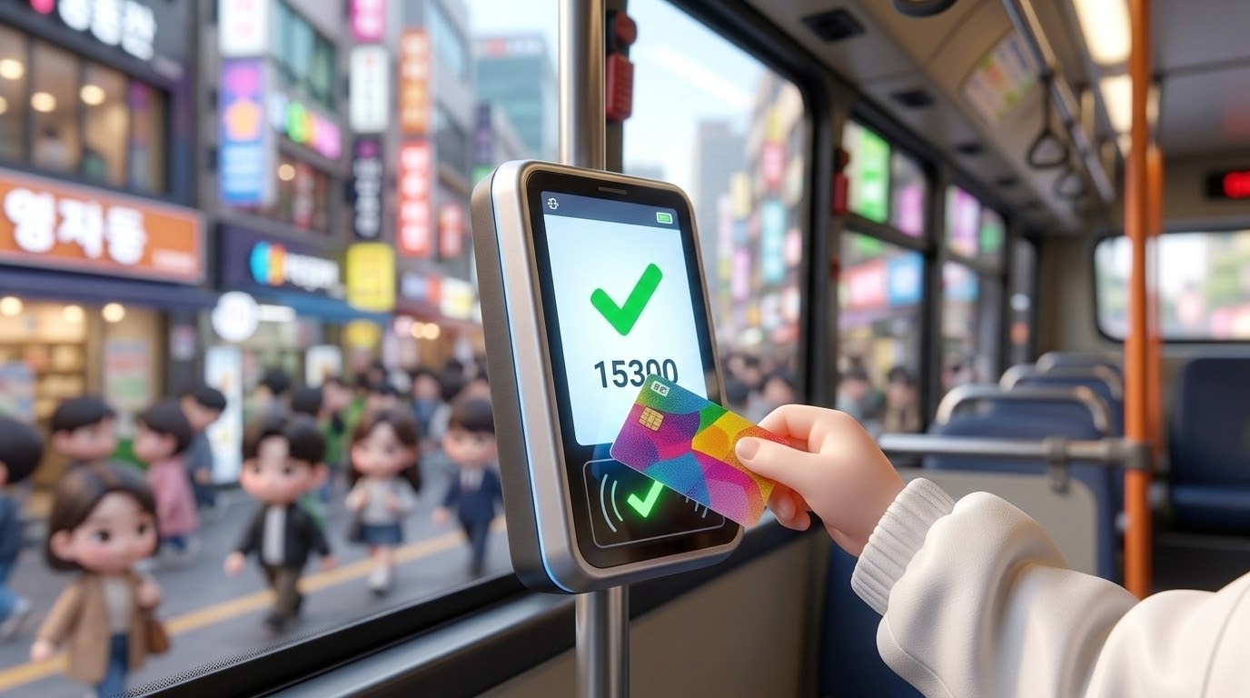 서울 교통카드 결제 방법 - 단말기에 카드를 태그하는 귀여운 손 (How to pay for Seoul transit - A cute chibi hand tagging a card on a reader)