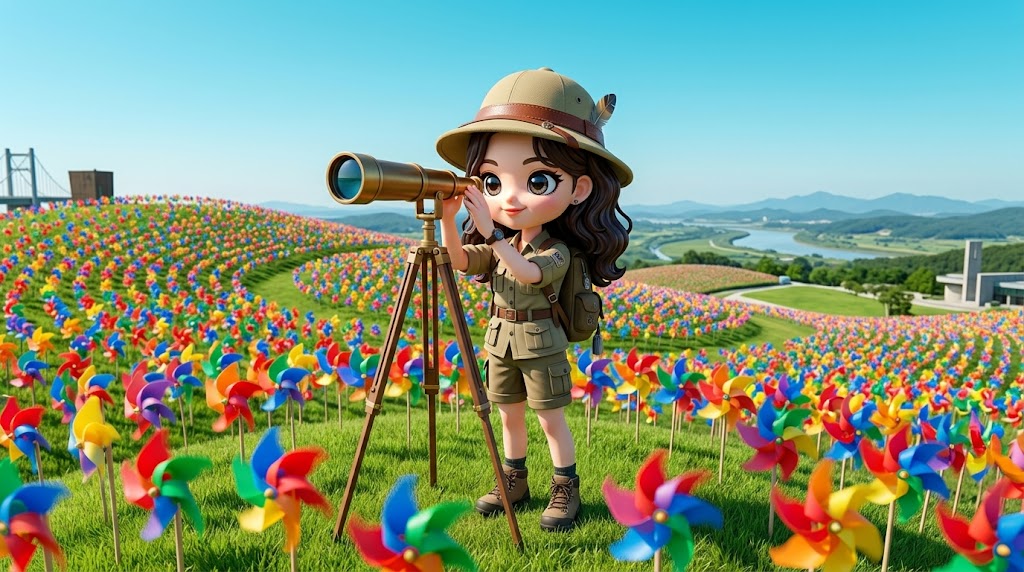 임진각 바람개비 언덕에서 망원경을 들고 저 멀리 평화를 꿈꾸는 여행자 / A traveler dreaming of peace while looking through binoculars at the Imjingak pinwheel hill.
