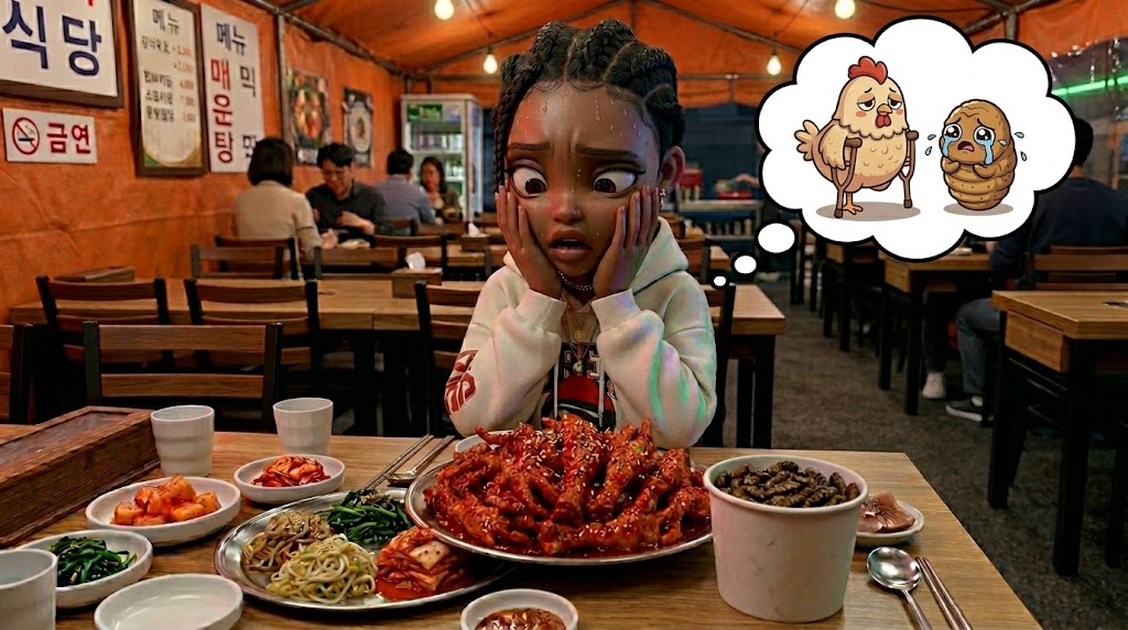 빨간 닭발과 번데기 컵을 앞에 두고 당황스러운 표정을 짓고 있는 트렌디한 캐릭터