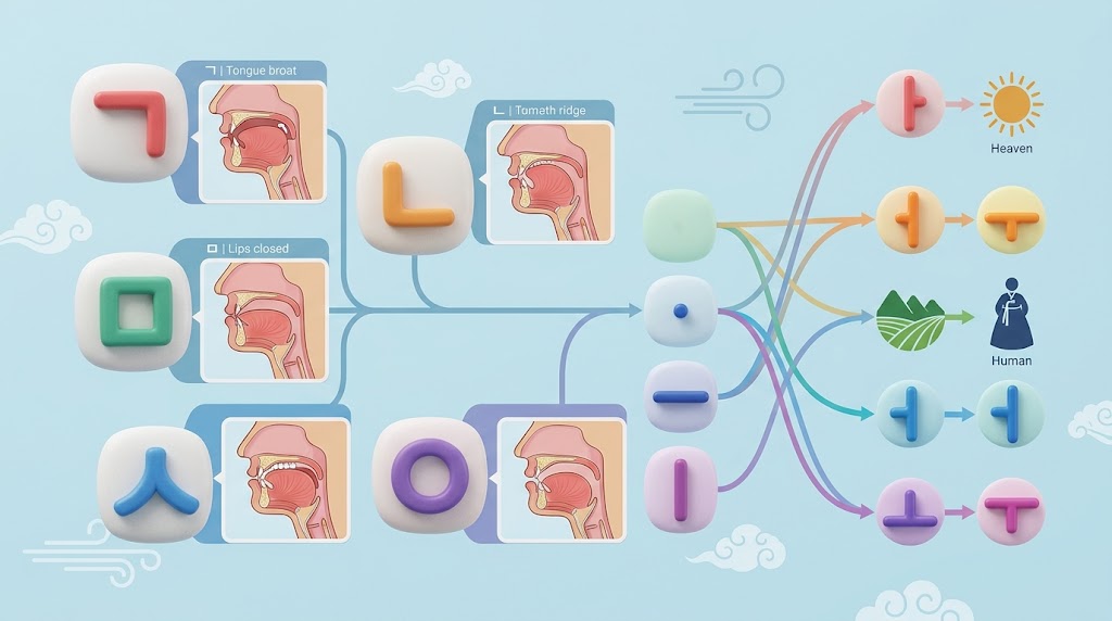 한글 자모음의 과학적, 철학적 창제 원리를 시각적으로 형상화한 이미지