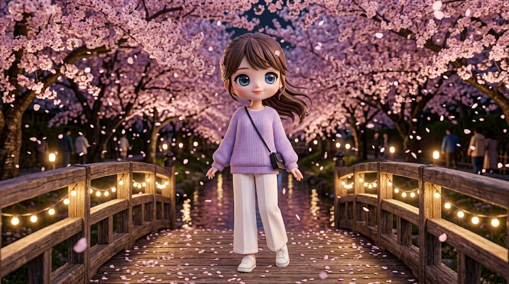  진해 여좌천 로망스 다리 위에 서 있는 캐릭터 (A character standing on the iconic wooden Romance Bridge of Yeojwa Stream in Jinhae)
