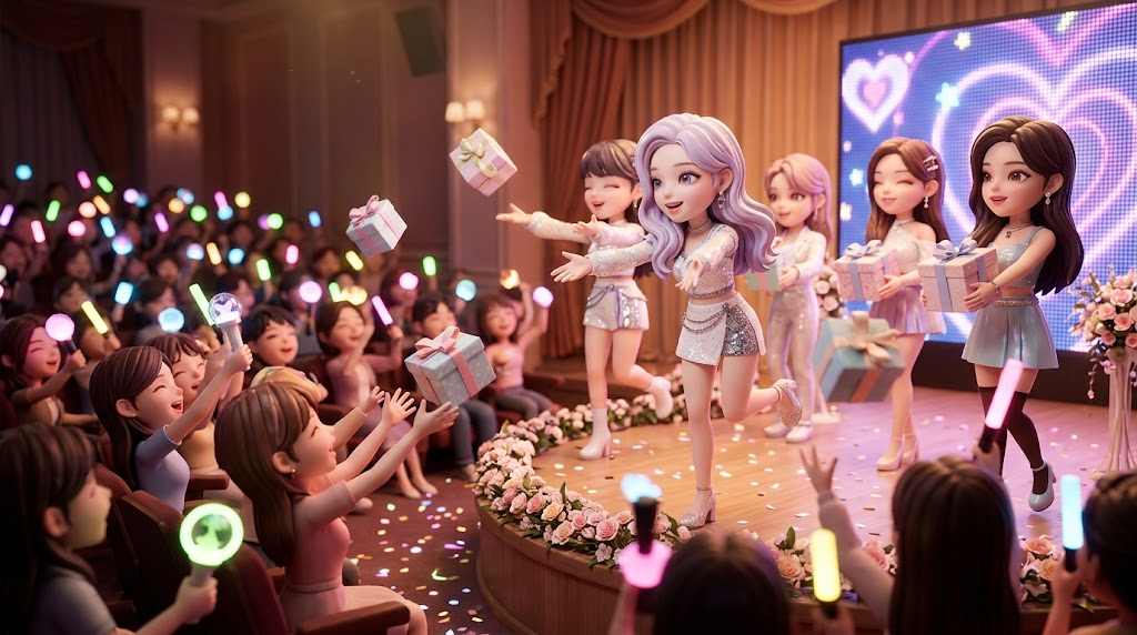 아티스트 캐릭터가 팬들에게 직접 준비한 예쁜 선물 꾸러미를 건네며 따뜻한 미소로 교감하는 감동적인 순간. (A touching moment where an artist character hands over a beautiful gift package prepared personally to fans with a warm smile.)
