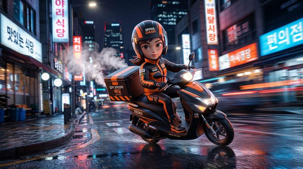 네온사인이 화려한 서울의 밤거리를 오토바이로 질주하며 음식을 배달하는 역동적인 수집용 캐릭터 이미지. (A dynamic collectible character speed-delivering food on a scooter through the neon-lit night streets of Seoul.)