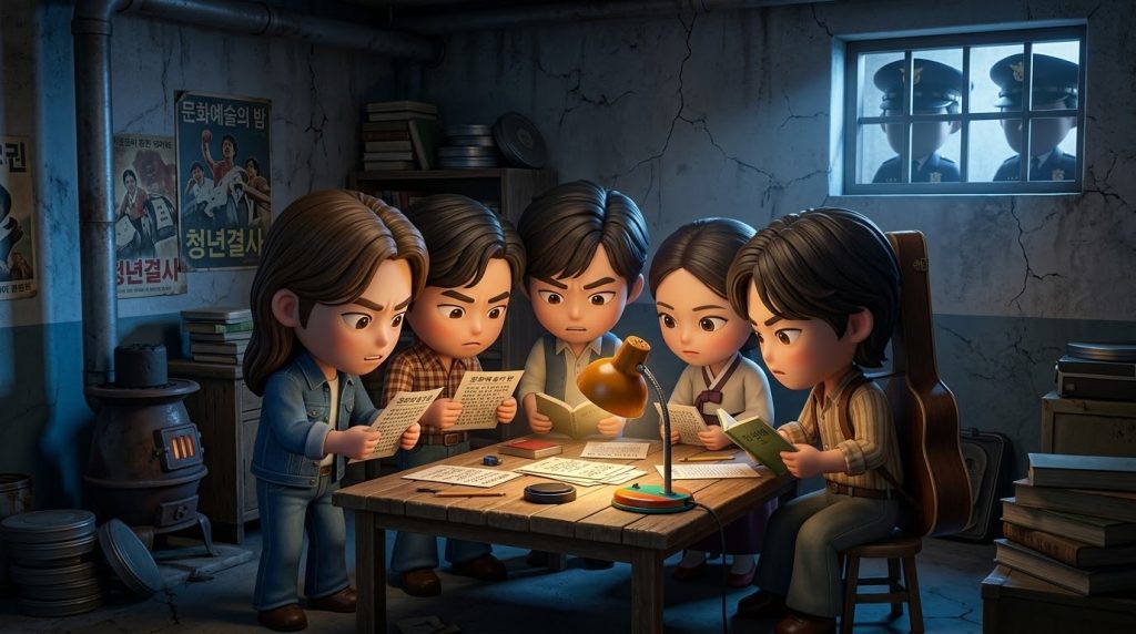 유신 정권의 억압 속에서도 지하에서 민주주의를 논의하는 청년들 (Youth discussing democracy underground amidst the oppression of the Yushin regime)