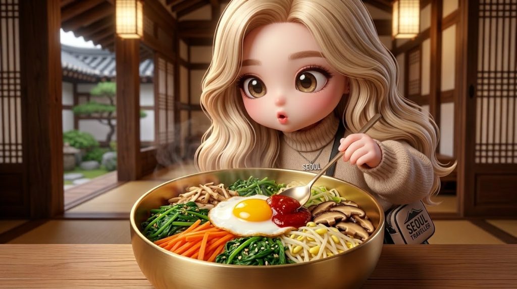 정갈한 유기그릇에 담긴 형형색색의 비빔밥을 젓가락으로 비비는 외국인 여행자 / An international Chibi traveler mixing a colorful Bibimbap in a traditional brass bowl with chopsticks