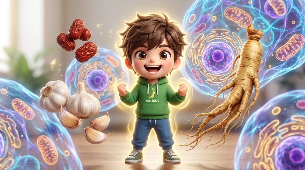 기력 회복과 면역력 증진에 탁월한 삼계탕의 핵심 성분, 인삼과 마늘의 효능 시각화. (Visualization of the benefits of ginseng and garlic, key ingredients of Samgyetang, excellent for restoring energy and boosting immunity.) 