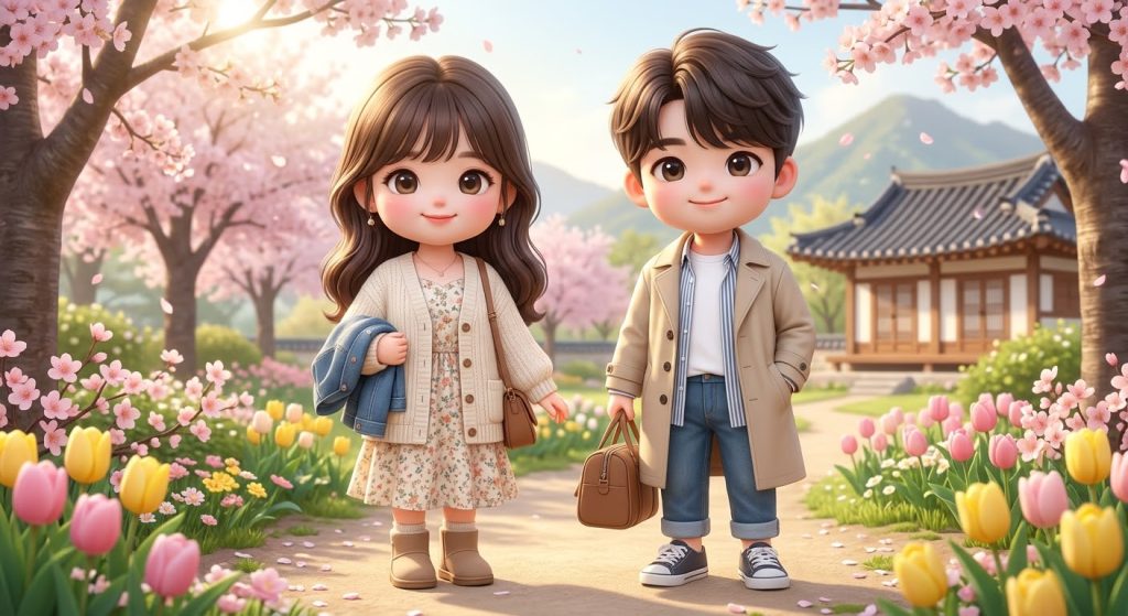 한국 봄 여행 옷차림: 겹쳐 입기와 편안한 운동화가 핵심
Practical layered spring outfits with comfortable walking shoes for travel in Korea