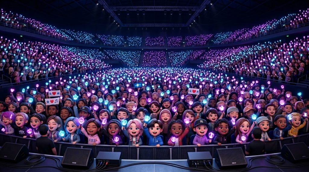 응원봉을 흔들며 열광하는 전 세계의 3D 치비 팬들 (Global 3D chibi fans cheering enthusiastically with glowing lightsticks)