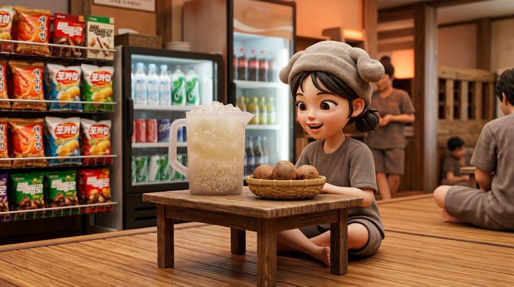 식혜와 맥반석 계란이 놓인 테이블 앞에서 행복해하는 캐릭터. (a character looking happy in front of a tray with Sikhye and roasted eggs.)
