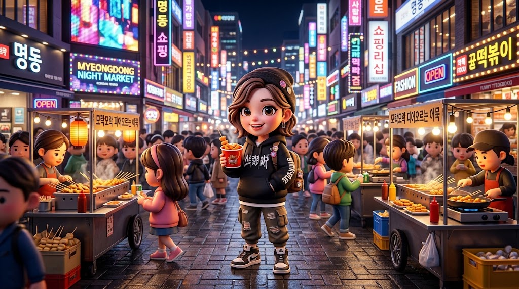 명동의 화려한 네온사인 아래에서 길거리 음식을 손에 든 3D  캐릭터