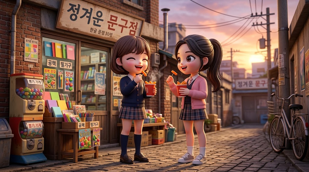 교 앞 문구점 앞에서 친구들과 컵떡볶이를 나눠 먹는 다정한 모습