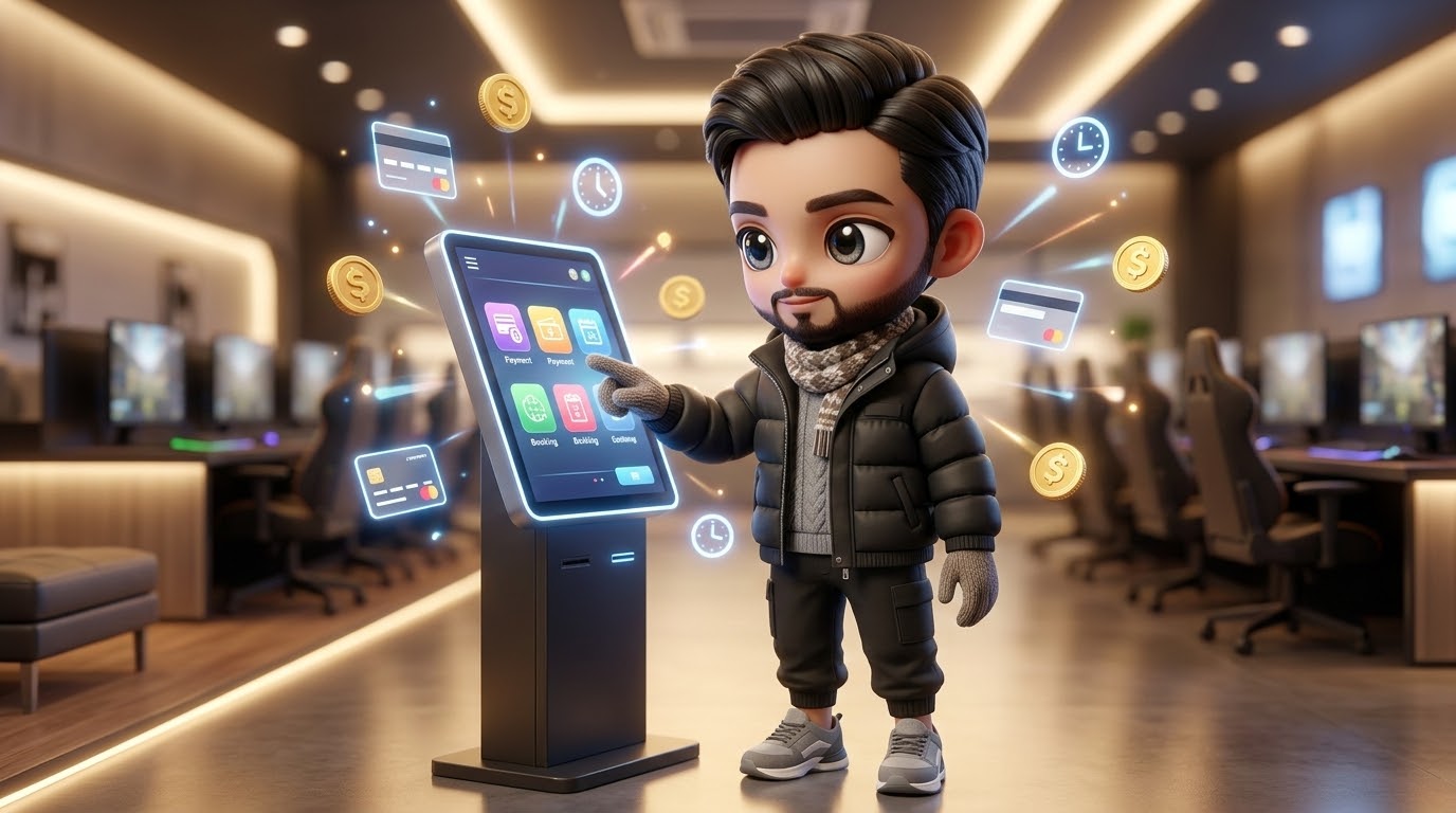 무인 키오스크에서 스마트하게 요금을 충전하는 귀여운 캐릭터 (A chibi character smartly recharging time at a sleek unmanned kiosk)
