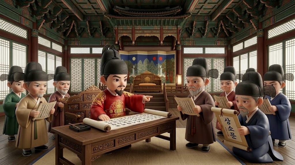 한글 창제에 반대하는 기득권 세력의 상소문 제출 장면