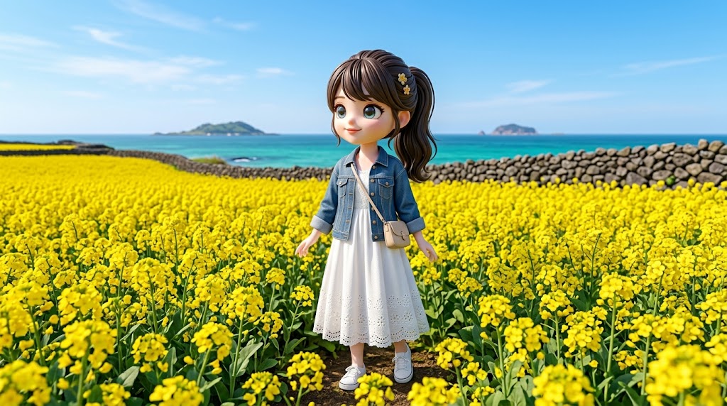  노란 유채꽃밭과 제주의 푸른 바다 앞에 서 있는 캐릭터 (A character standing in a vast yellow canola field with the blue Jeju sea)
