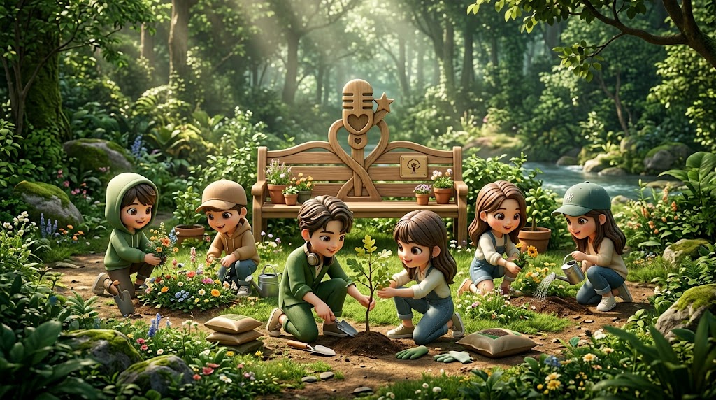 스타와 팬들이 함께 푸른 공원을 가꾸며 긍정적인 사회적 변화를 이끌어내는 성숙하고 아름다운 모습. (A mature and beautiful image of stars and fans leading positive social change by cultivating a green park together.)
