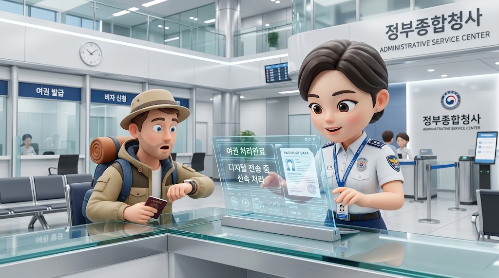 최첨단 홀로그램 기기를 사용하여 민원 서류를 빛의 속도로 처리하는 유능한 수집용 캐릭터 공무원 이미지. (An efficient collectible official character processing civil documents at the speed of light using cutting-edge holographic devices.)
