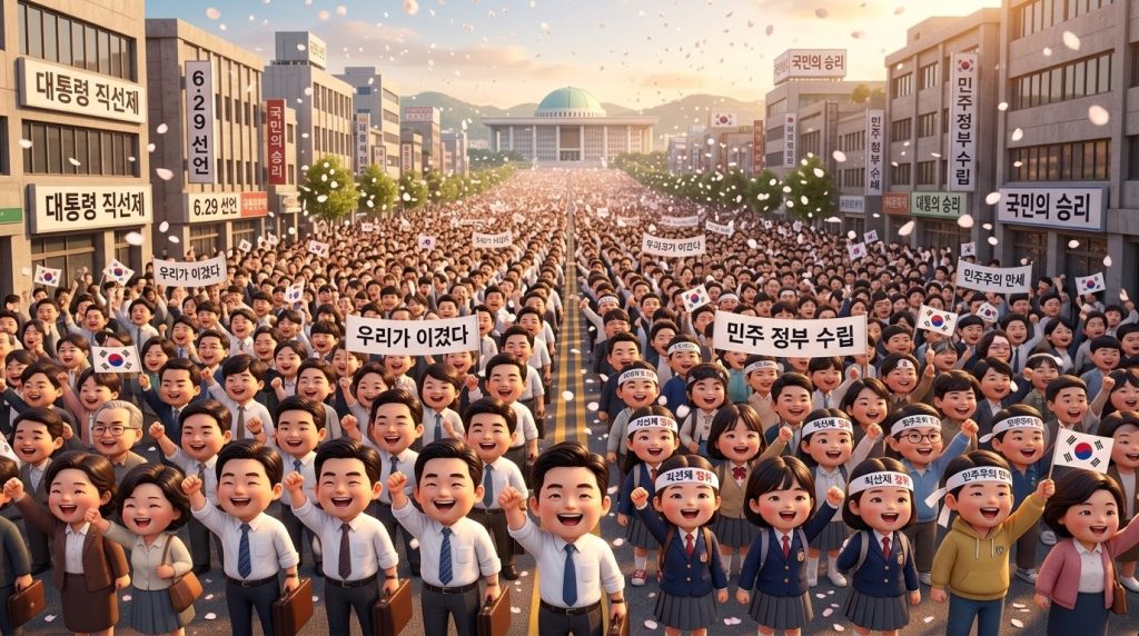 1987년 6월 항쟁 당시, 승리를 상징하는 평화의 꽃을 던지는 시민들 (Citizens throwing flowers of peace symbolizing victory during the June Struggle of 1987) 