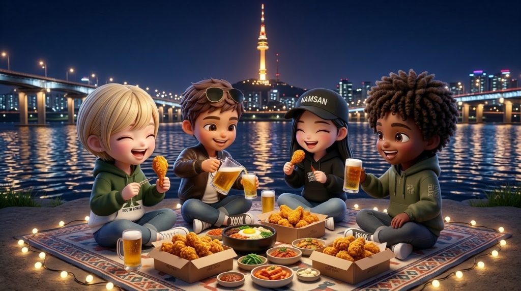 한강변 공원에서 야경을 배경으로 치킨과 맥주를 즐기며 파티를 하는 외국인 그룹 / A group of international Chibi friends having a 'Chimaek' party by the Han River at night