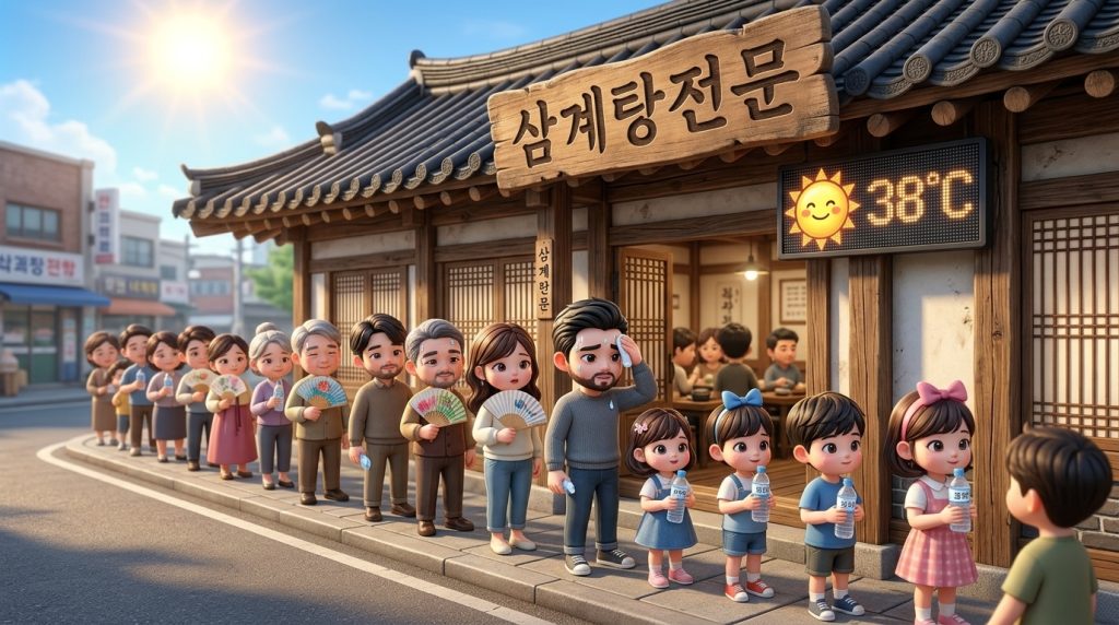 복날(초복) 무더위를 피해 삼계탕 전문 식당 앞에 길게 줄을 선 사람들의 풍경. (People lining up outside a specialized Samgyetang restaurant to escape the heat on Boknal (Chobok).) 