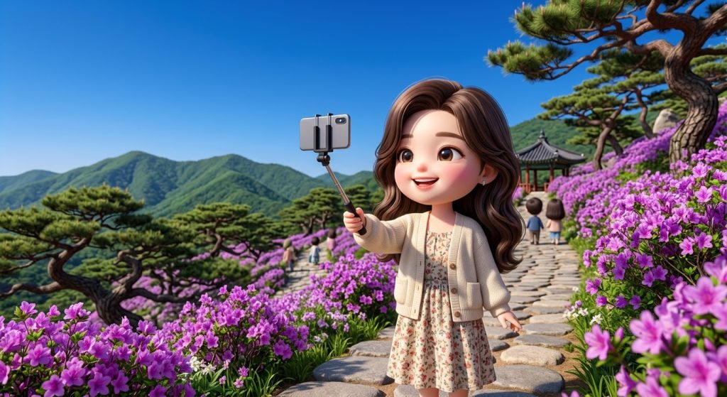 한국 봄 여행 명소: 만개한 진달래와 맑은 하늘 아래 즐기는 등산
Chibi taking a selfie on a dramatic Korean mountain path with blooming azaleas