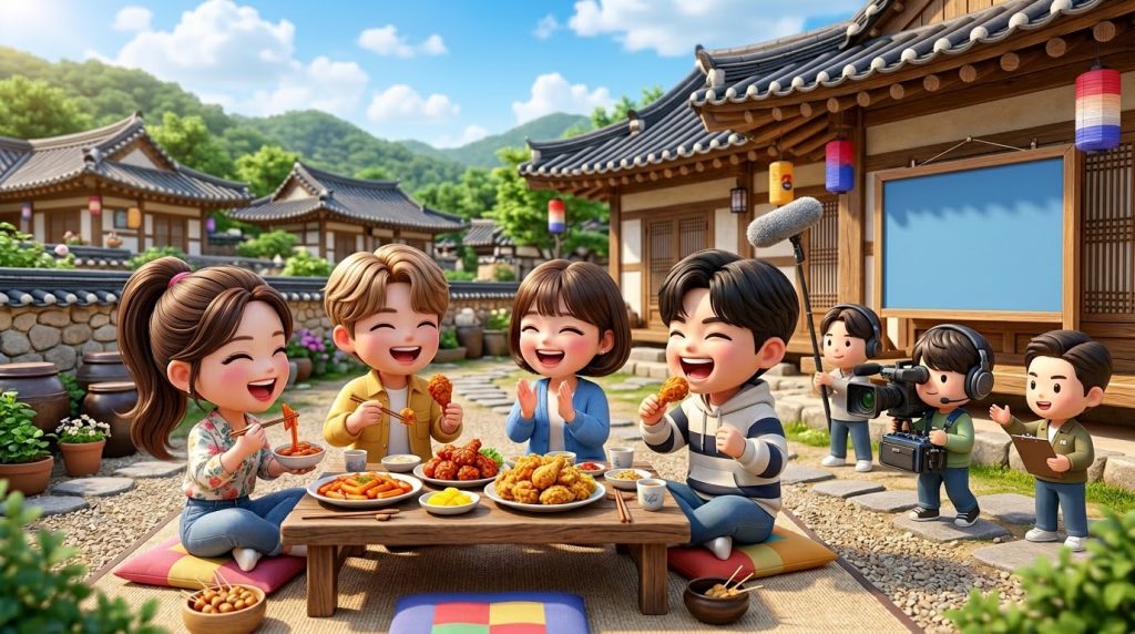 야외에서 즐겁게 게임을 하거나 음식을 나눠 먹는 3D 치비 예능 출연진들 (3D chibi variety show cast playing games or sharing food outdoors joyfully)