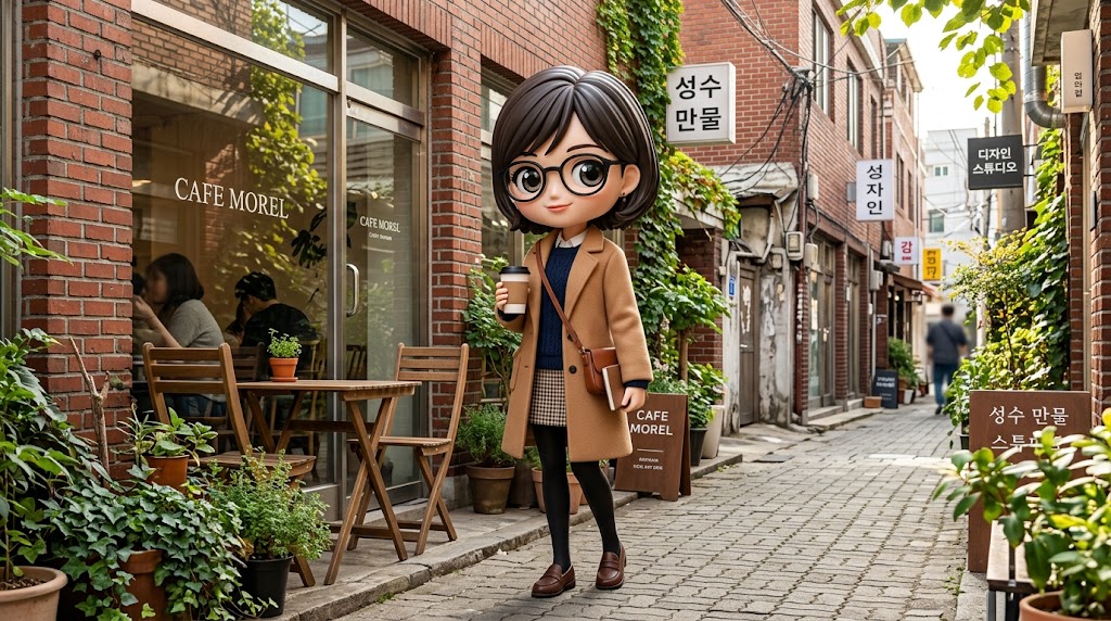 성수동의 붉은 벽돌 카페 앞에서 커피를 마시는 캐릭터