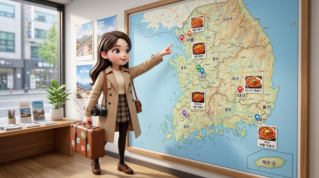 전국 팔도의 다양한 떡볶이 맛집 지도를 배경으로 여행 가방을 든 캐릭터