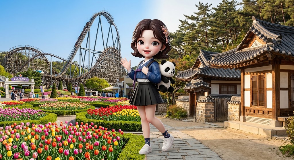 귀여운 쌍둥이 판다와 함께 한옥 마을에서 즐거운 시간을 보내는 여행자 / A traveler having a great time in a Hanok village with cute twin pandas.