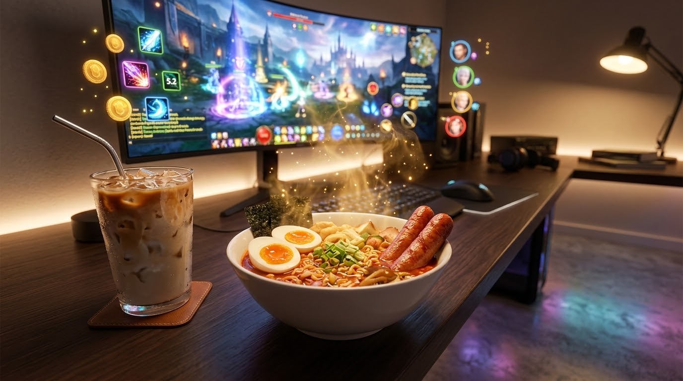 4. 'PC토랑'의 진수: 상상을 초월하는 미식 메뉴와 한국 게이머의 꿀조합
이제 한국 PC방 이용 팁의 꽃은 단연 '음식'입니다. PC방과 레스토랑의 합성어인 **'PC토랑'**이라는 말이 표준어처럼 쓰일 정도로 그 메뉴의 다양성과 맛은 전문 식당을 능가합니다.
4-1. 자리에 앉아서 클릭 한 번으로 끝나는 주문과 직원의 자리 서빙
게임을 멈추고 일어날 필요가 전혀 없습니다. 화면 상단의 '음식 주문' 버튼을 누르면 환상적인 메뉴판이 펼쳐집니다.
식사류: 치킨마요 덮밥, 제육볶음밥, 스테이크 덮밥, 삼겹살 정식, 수제 버거 등 (5,500원 ~ 9,500원)
면류: 계란, 치즈, 만두 등 토핑을 선택할 수 있는 프리미엄 봉지 라면과 영화 기생충으로 유명해진 짜파구리 (4,000원 ~ 6,000원)
스낵 및 음료: 소떡소떡, 튀김 플래터, 핫도그, 1리터 대용량 에이드와 스무디 (2,500원 ~ 5,500원)
4-2. 대한민국 게이머가 추천하는 '필승 꿀조합' TOP 3
짜파구리 + 탕수육/만두 세트: 매콤 달콤한 면 요리와 바삭한 튀김의 만남은 PC방에서 즐길 수 있는 최고의 사치입니다.
얼큰한 라면 + 스팸마요 덮밥: 매콤한 국물 한 입과 부드럽고 고소한 마요네즈 덮밥의 조화는 한국인들의 소울 푸드 조합입니다.
1리터 아이스 아메리카노 + 핫바: 장시간 집중력을 유지하면서 한 손으로 간편하게 즐길 수 있는 최고의 게이밍 간식입니다.
