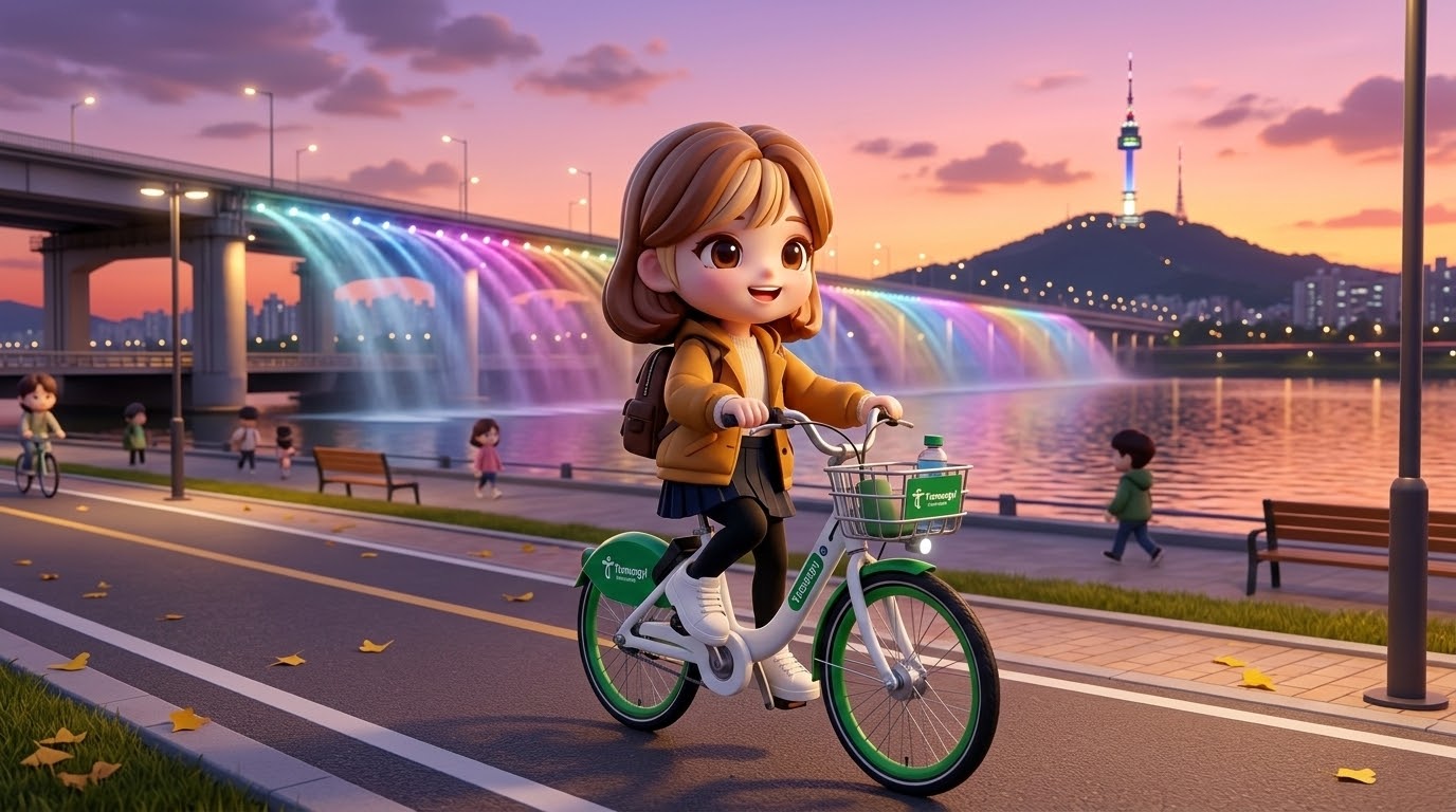 서울의 공공자전거 따릉이 - 한강 변을 달리는 평화로운 일상 (Seoul's public bike Ttareungyi - Peaceful scene of riding a bike along the Han River)